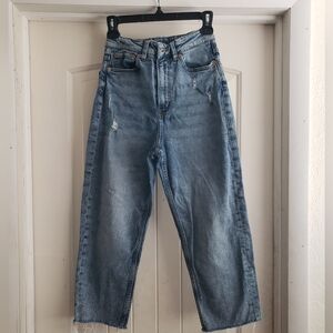 H&M Light Blue High Waist Relaxed Crop Fit Distressed Raw Hem Denim Jeans Size 4